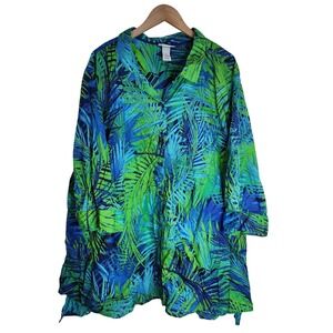 Catherine's Button Up Top Women's‎ 4X Tropical 3/4 Sleeve Top Blue Green